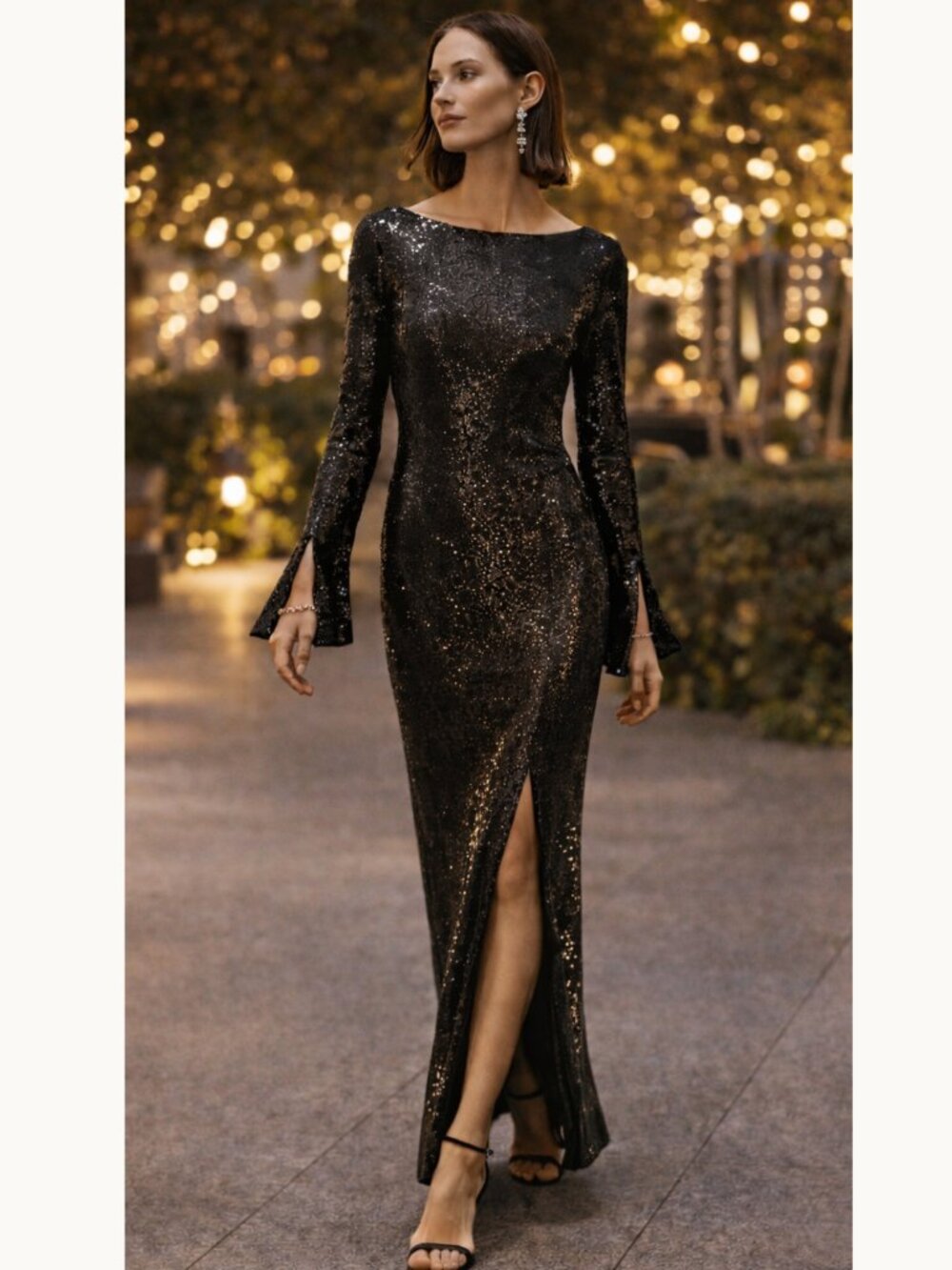 Black Sequin Gown Formal Open Back Long Sleeve Maxi Dress Slit XS Custom NWOT
